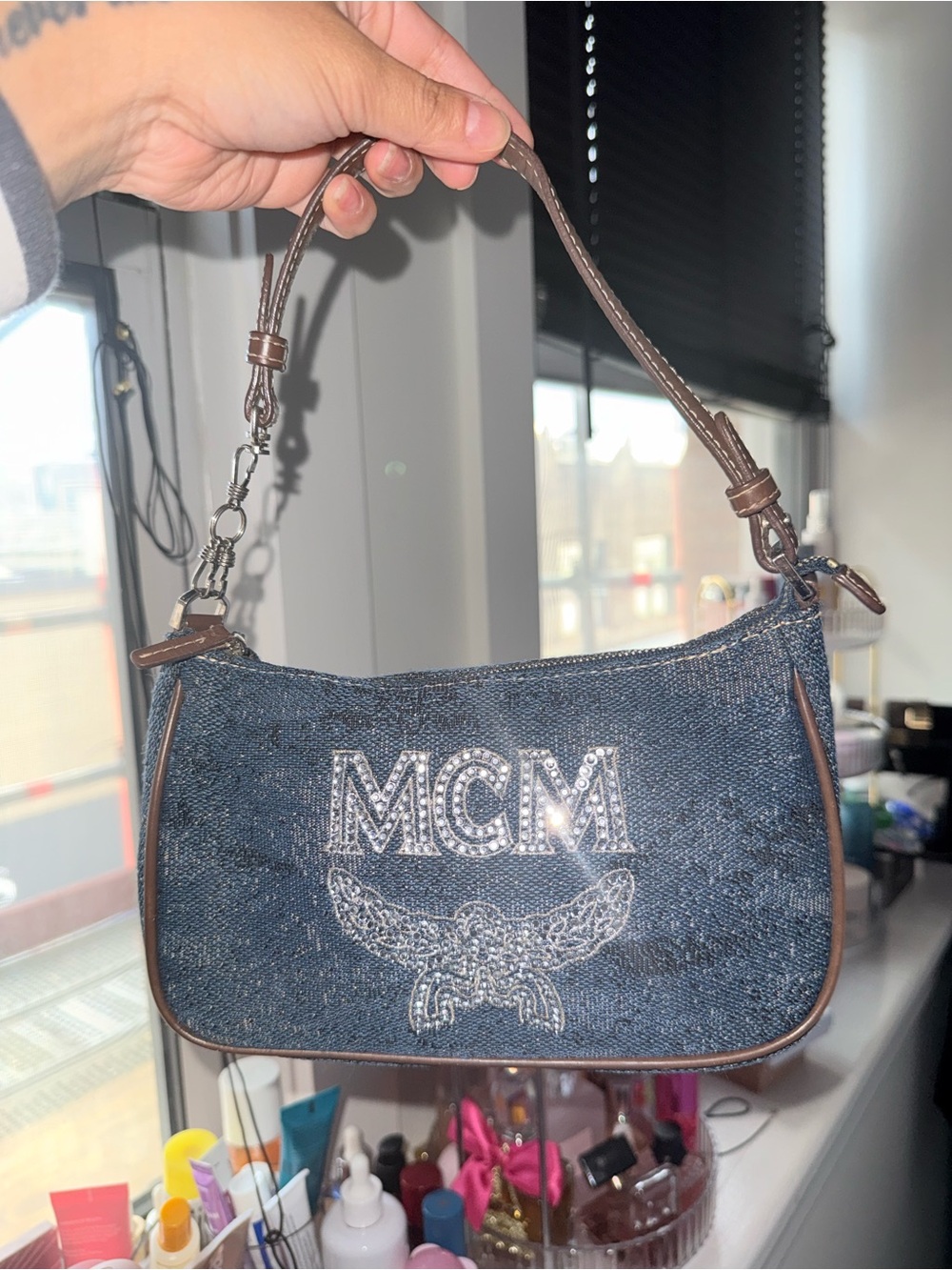 MCM Dark Blue Denim Shoulder Bag with Crystal Logo and Brown Trim